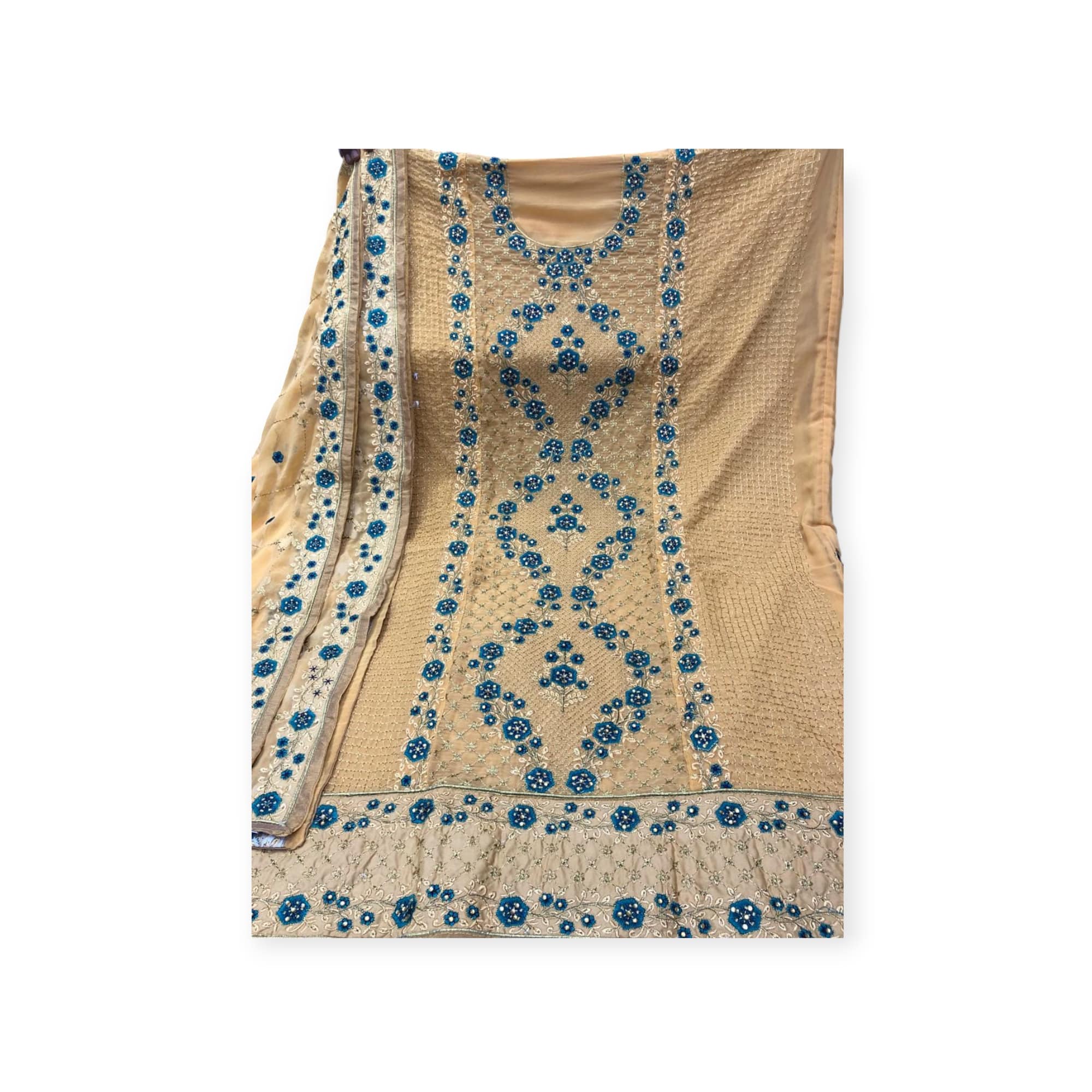 জর্জেট ৪ পিস ড্রেস – বিস্কুট কালার ফুল এমব্রয়ডারি | Georgette 4 Piece Salwar Kameez | Mahzam BD