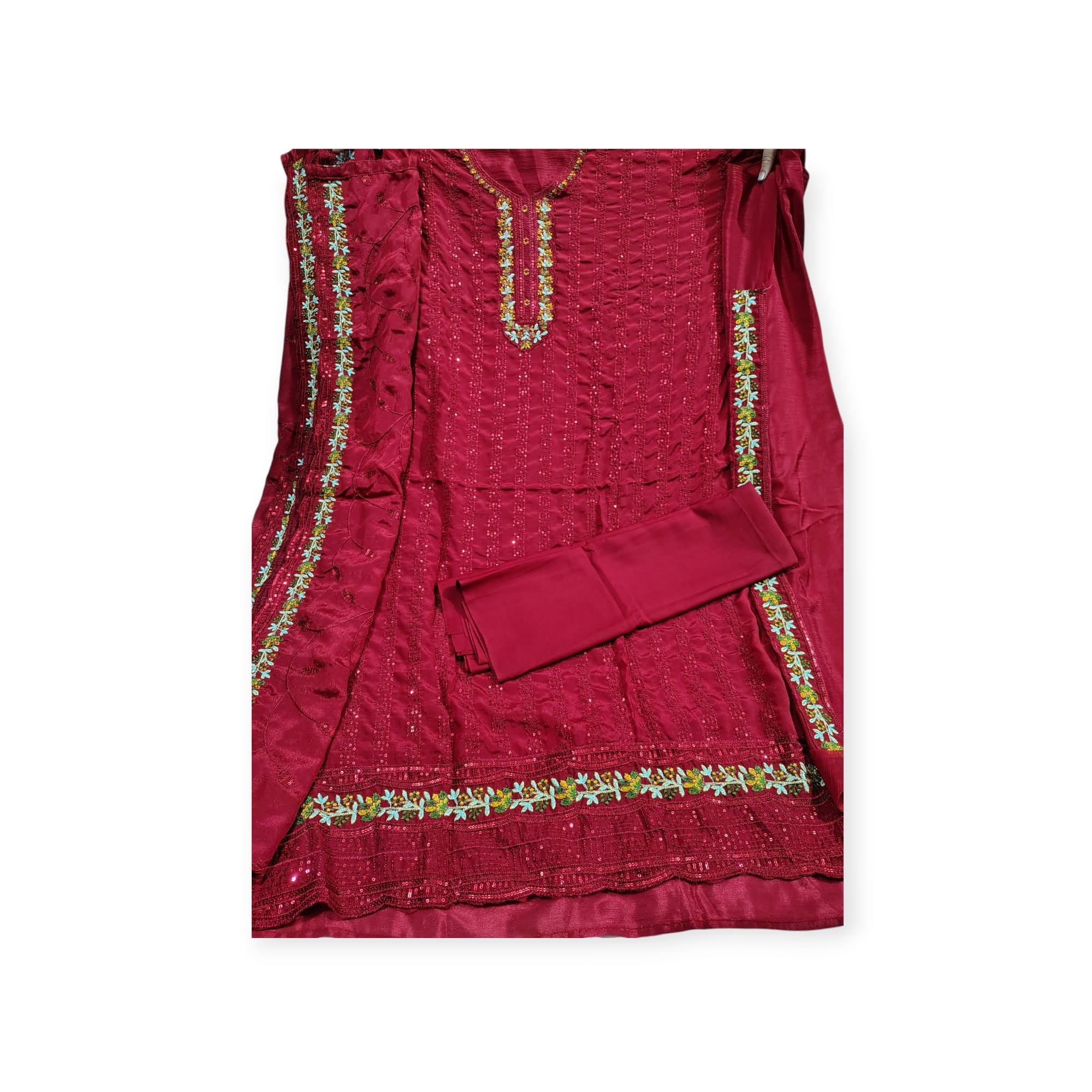 চিনন জর্জেট ৪ পিস ড্রেস – Maroon Color Chinon Georgette 4 Piece Dress | Mahzam BD