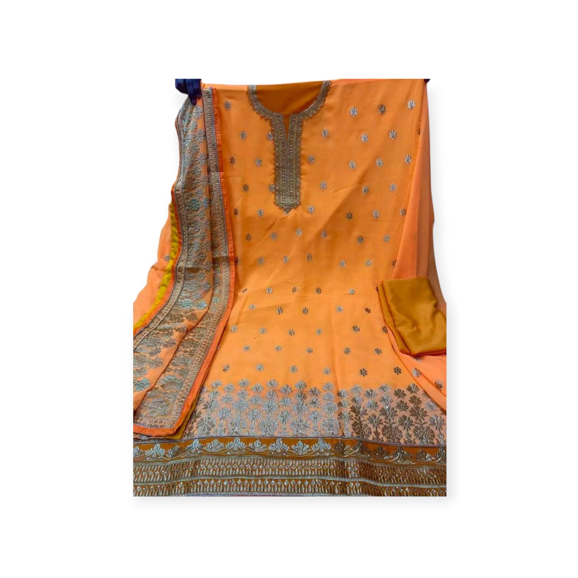 জর্জেট ৪ পিস ড্রেস – বাসন্তী কালার ফুল এমব্রয়ডারি | Georgette 4 Piece Salwar Kameez | Mahzam BD