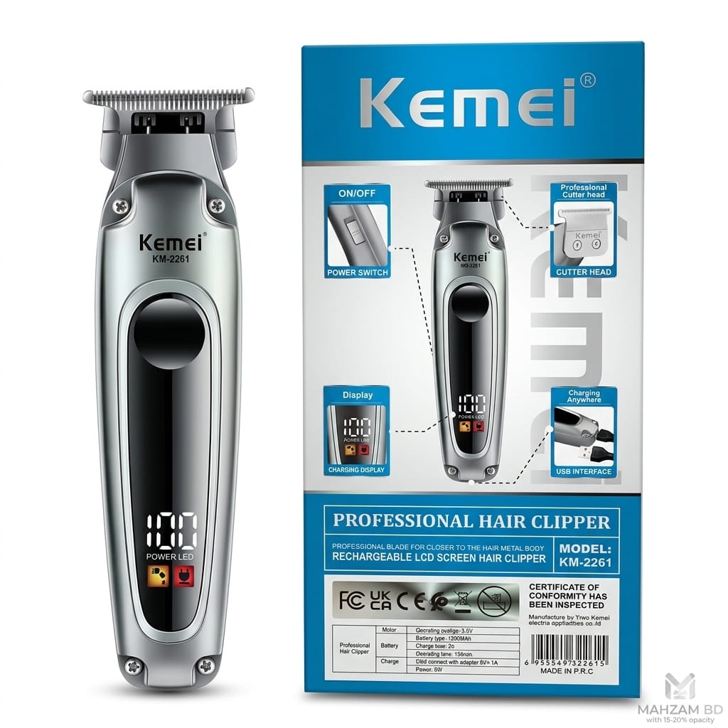Kemei KM-2261 Professional Hair Clipper - LCD Screen, Rechargeable Body