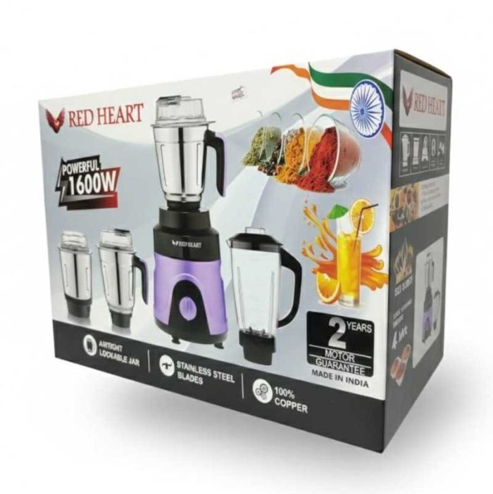 Red Heart Powerful 1600W Mixer Grinder with Copper Motor - Stainless Steel Blades, 4 Jars Purple Color