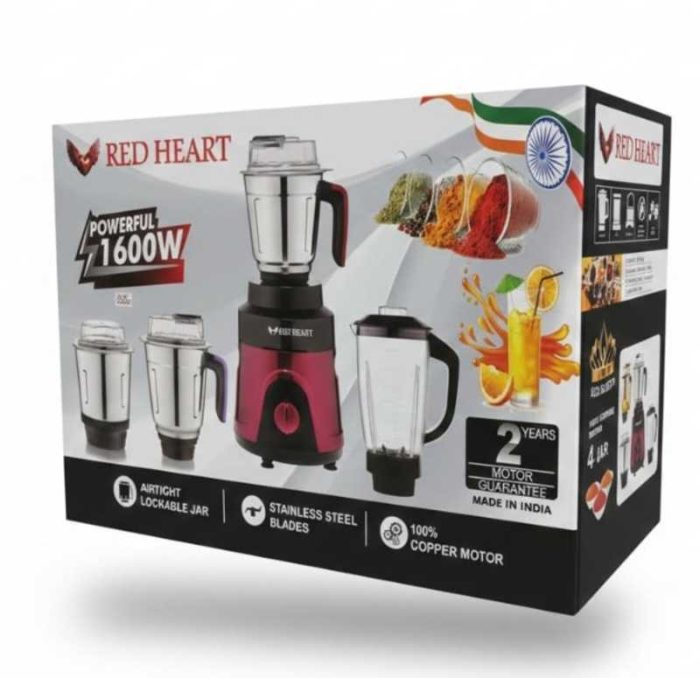 Red Heart Powerful 1600W Mixer Grinder with Copper Motor - Stainless Steel Blades, 4 Jars Red Color